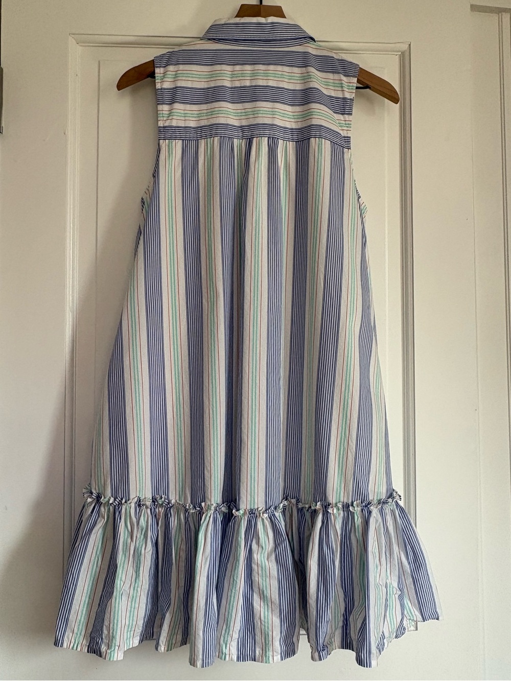 Anthropologie Maeve Striped Button Down Shirt Dress Sleeveless Pockets Ruffle M - Picture 2 of 11